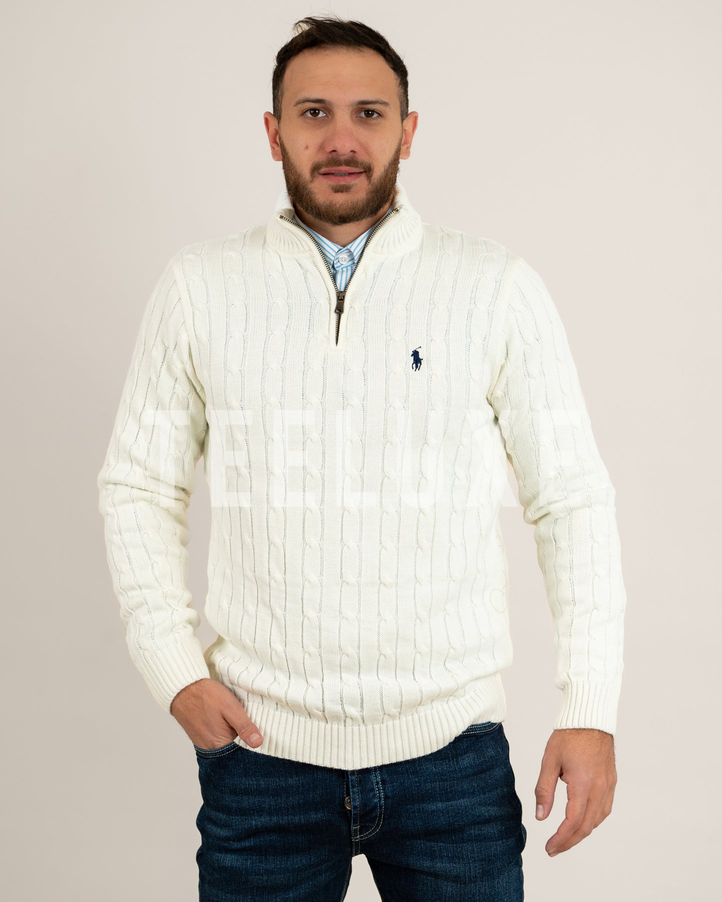 pull rl demi-zippé en coton torsadé