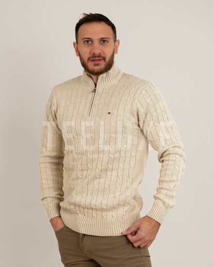 Pull TH demi-zippé en coton torsadé